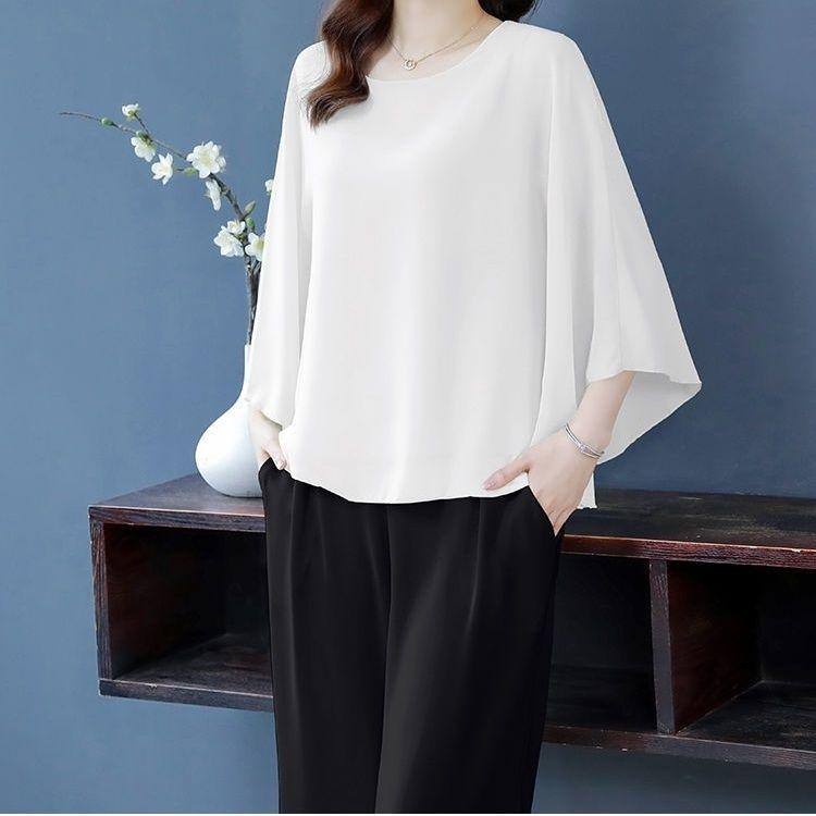 4XL Fledermaus-Shirt Sommer Damen Locker T-Shirt Kleines Shirt Frühling/Sommer Groß Knitterarm und Elegant Chiffon-Oberteil Grün