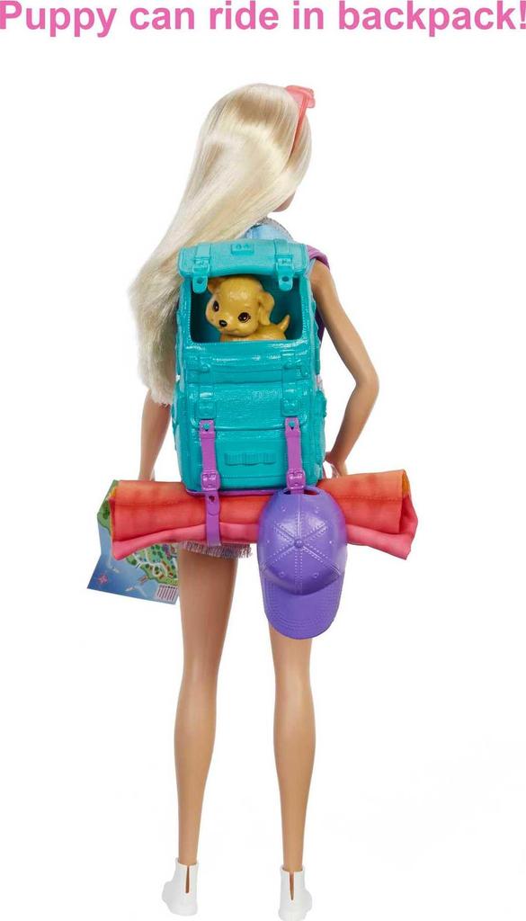 Barbie It Takes Two „Malibu“ Camping-Puppe (11,5 Zoll Blond) mit Haustierwelpe, Rucksack, Schlafsack & 10 Campingzubehör, Geschenk für 3- bis 7-Jährige