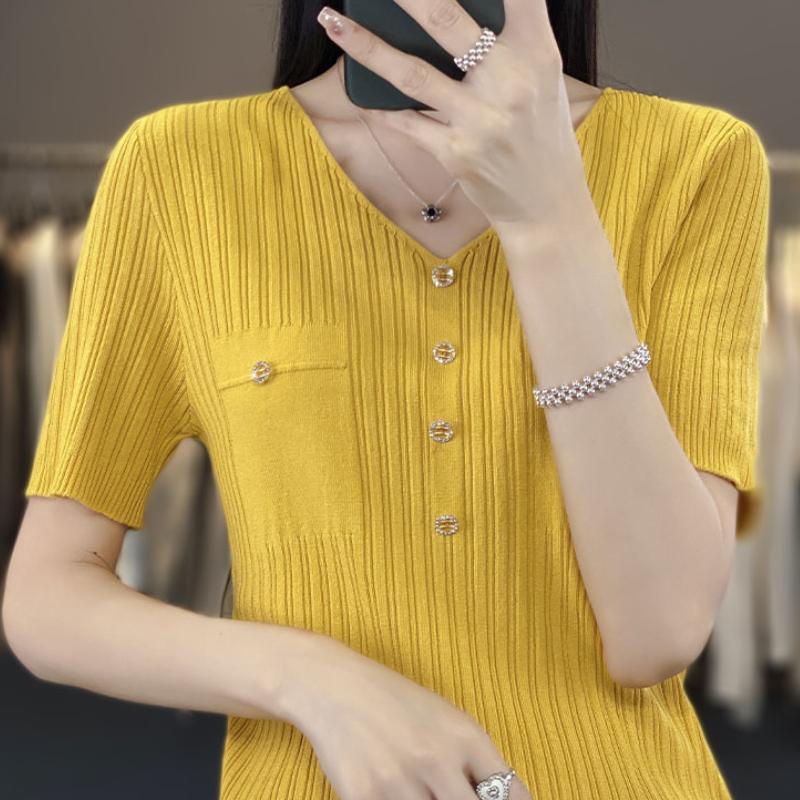 V-neck Ice Silk Knitted Short-sleeved T-shirt for Women Thin Summer New Casual Slim and Versatile Base Shirt Top