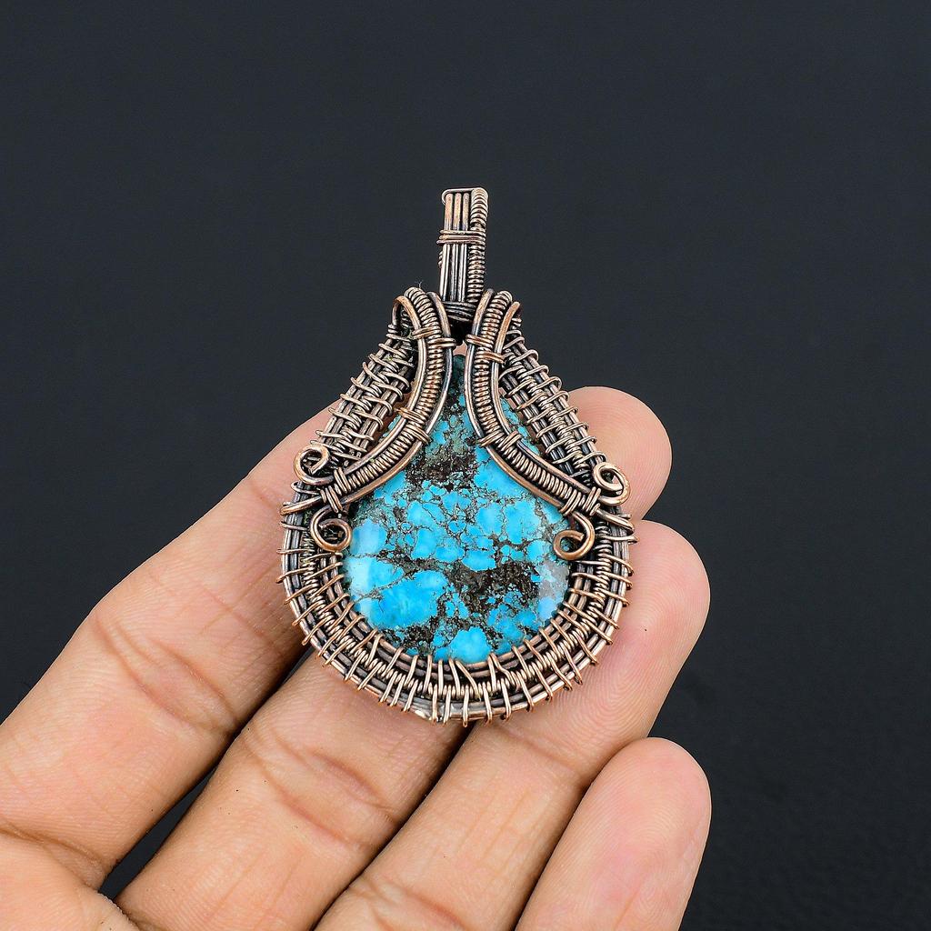 Tibetan Turquoise Pendant, 999 Copper Wire Wrapped Gemstone Jewelry, Handmade Pendant, For Thanksgiving
