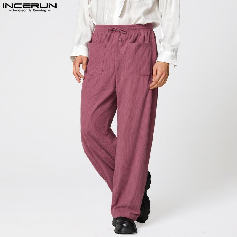 INCERUN Men Drawstring Elastic Waist Texture Pockets Casual Long Pants Trousers