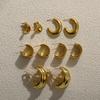 Vintage Wasserdicht Edelstahl Mehrschichtig Kreis C-Form Creolen Glänzend 18K Gold Beschichtet Textur Ohrring Zierlich Zirkon