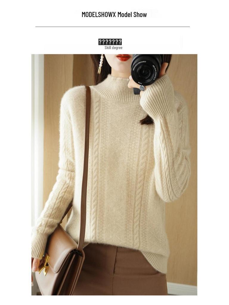 High Neck Vertical Stripe Jacquard Wool Sweater - Fashionable Cable Knit Cashmere Knitwear