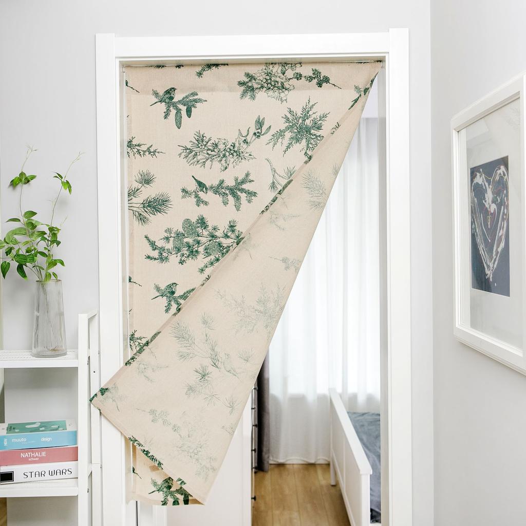 Green Floral Farmhouse Curtains Living Room Semi-Blackout Drapes Cotton Linen Boho Window Curtain with Tassel Decor, Rod Pocket
