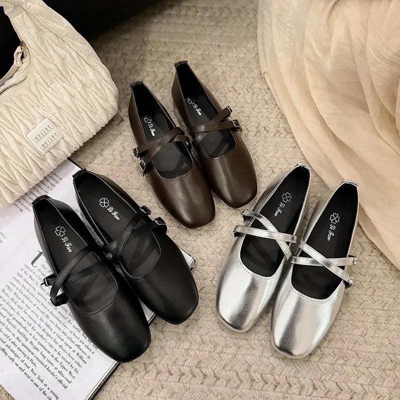 PU Round Toe Buckle Strap Mary Janes Spring/autumn Solid Women's Bags 2025 High Quality Shallow Square Heel Flats Sapatos Planos