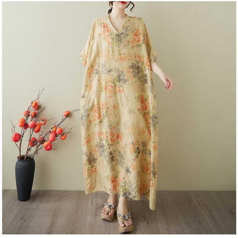 Kvinners Vintage Lang Kjole med Bomulls- og Linputter