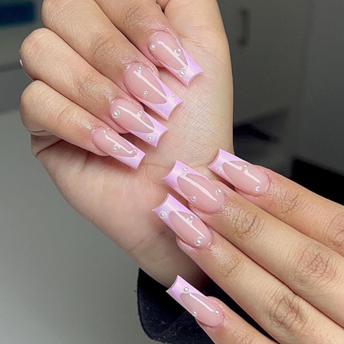 

Wearable White Pearl Pink French Manicure False Nail Tips