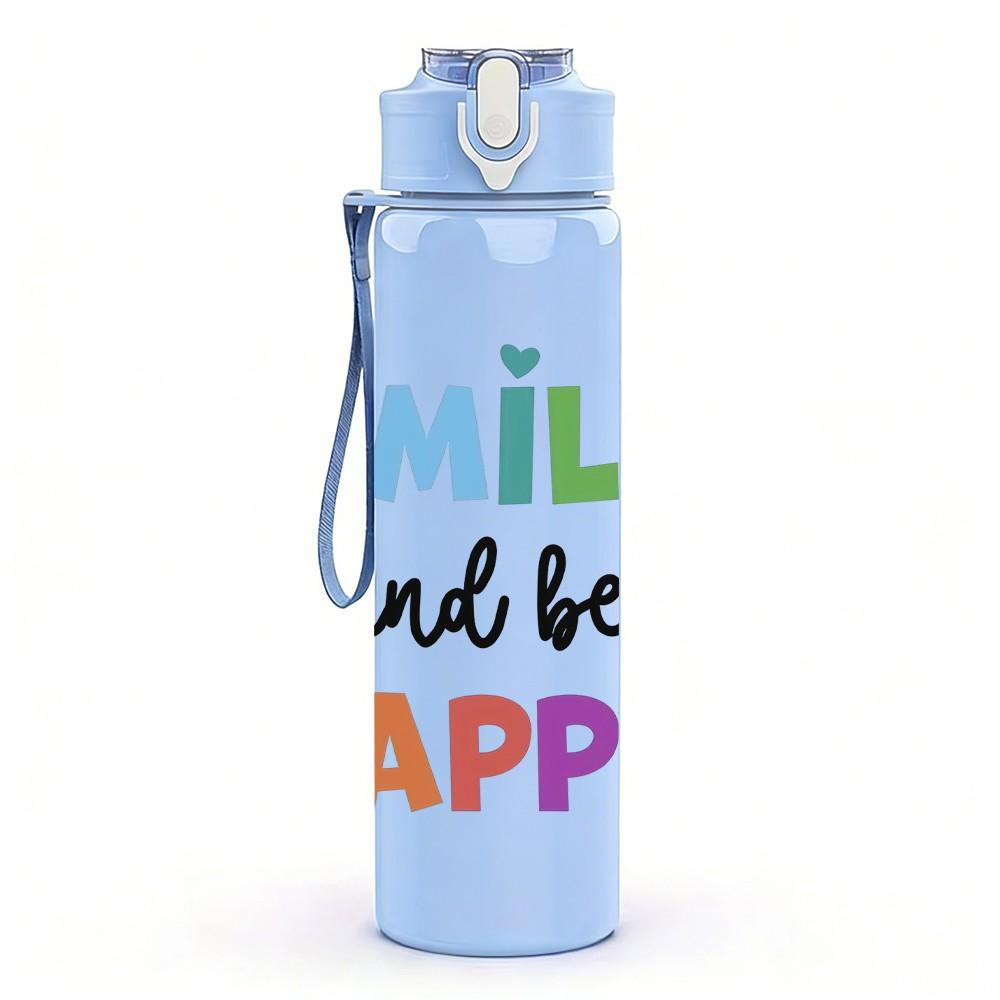 1PC Smile And Be Happy Pastel Lettering Print 750ml Color Plastic Sports Water Bottle Leakproof Flip Straw Lid Suitable for Sports Office Home Use