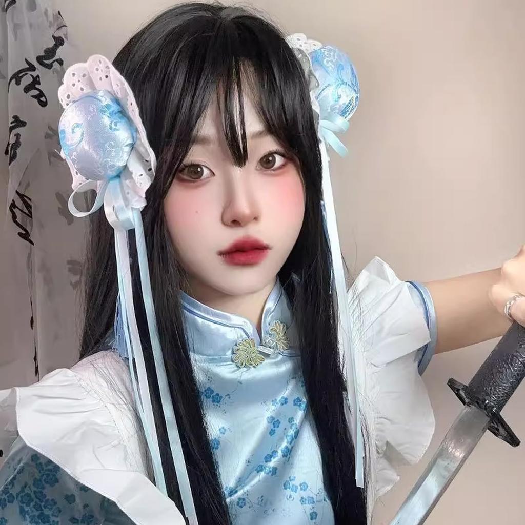 Chinese Bun Cover with Cotton Filling, Chinese Lolita Hair Ornament, Bun Hairpin, Ribbon, Chinese Lolita Hair Clip, Halloween, School Festival,