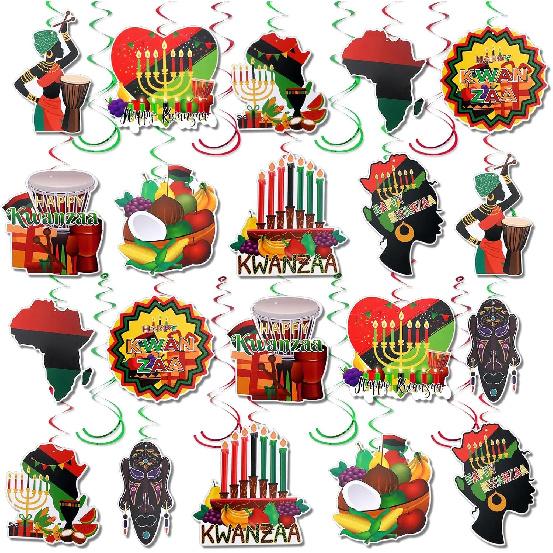 MARFOREVER 48 Pcs Kwanzaa Decorations, n Heritage Holiday Hanging Swirls Ceiling Decor Foil Streams for Happy Kwanzaa n n Party Office Classroom