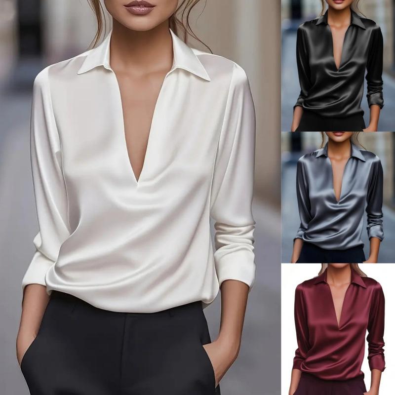 Spot 2025 Autumn Temperament Long-sleeved Simple V-neck Women's Shirts Women's Shirt Tops