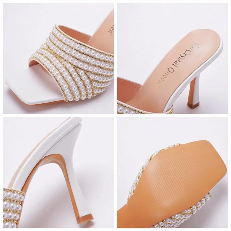 Fashion Summer Pearl Water Diamond 9cm Square Head High Heel Slippers Fashion Fish Mouth Wine Glasses Temperament Beaded Shallow Sandals
