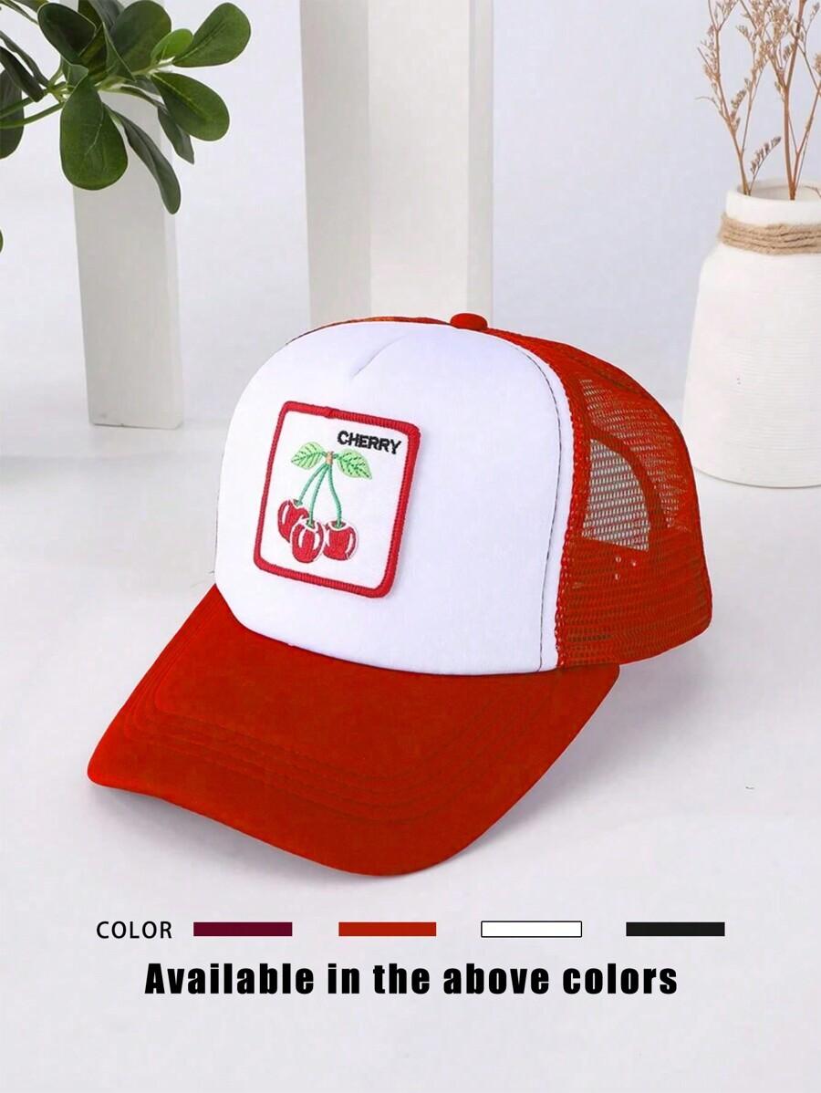 Embroidered Cherry Patch Colorblock Mesh Trucker Hat Adjustable Sun Protection Casual Cap