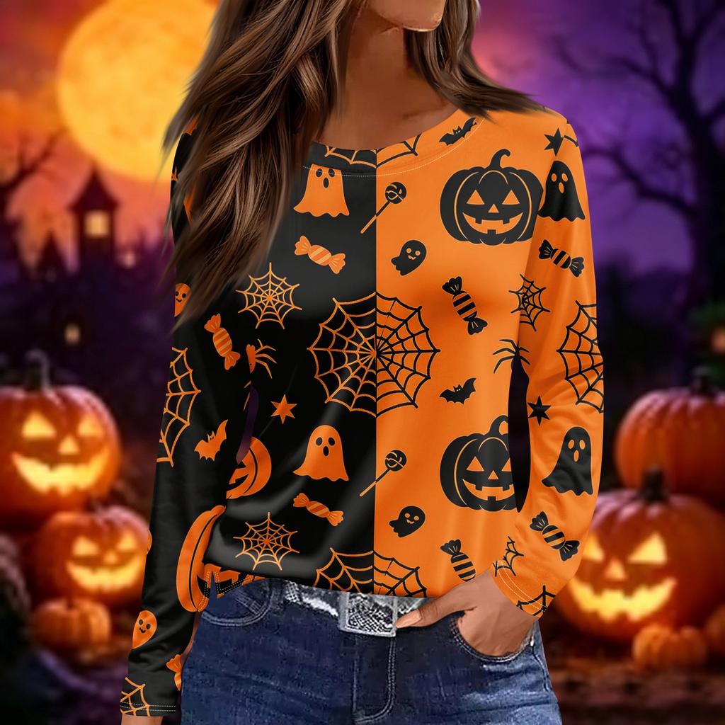Women's Fashion Long Sleeve Top Halloween Print Round Neck Split Hem Casual Blouse Lightweight Comfortable Fit Seasonal Shirt