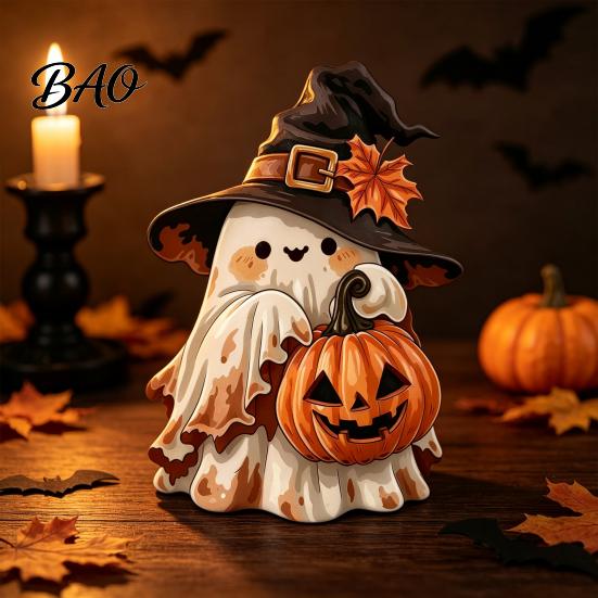 Seasonal Shelf Display Halloween Wooden Ghost Ornament with Pumpkin Pattern, Double Sided Desktop Decoration, Spooky Tiered Tray Decor Decor,