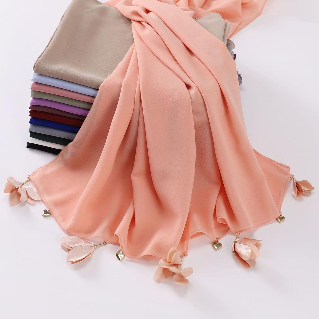 Handmade Alloy Love Flower Chiffon Hijab Beads Scarves Plain Shawls Women Sunscreen Headscarf Head Wrap Hijabs Ramadan Turban