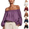 Women's Off-Shoulder Long Puff Sleeve Cotton Linen Casual Top