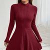 Long Sleeve Solid Rib-knit A-line Ruffle Dress, Casual Mock Neck, Women's Clothing