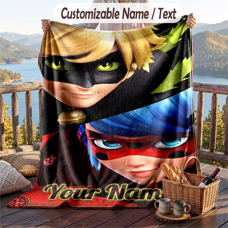 Miraculous Ladybug Flannel Blanket, Personalized Custom Name Text, Soft Warm Plush Throw Blanket For Gift