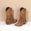 European and American Ethnic Style Square Head Fringed Fashion Boots Women's New Thick Heel Sleeve Fashion Western Cowboy Boots