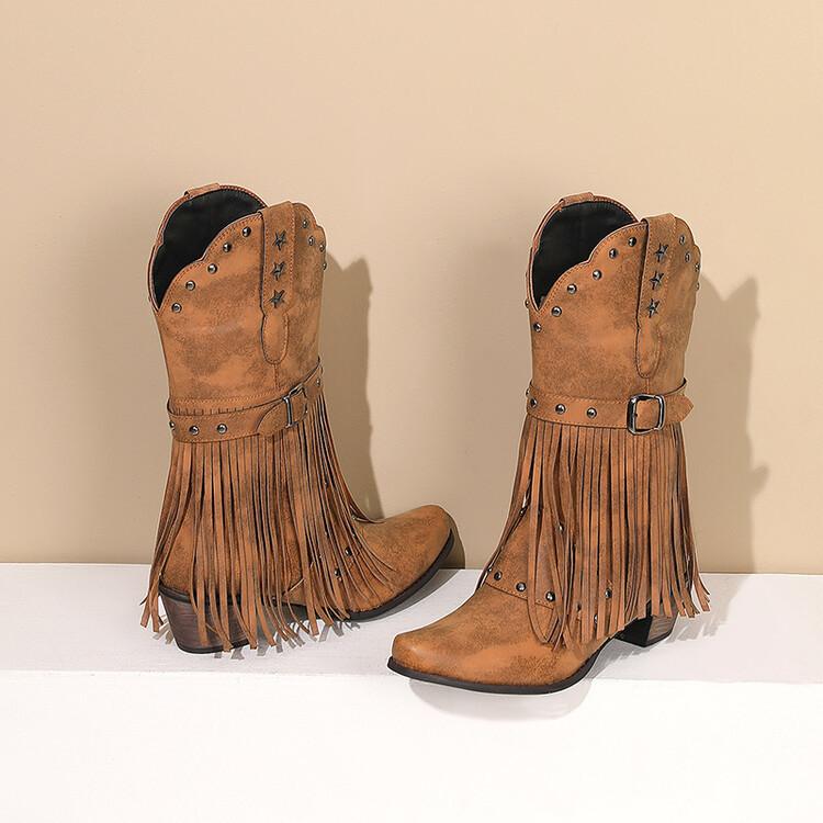European and American Ethnic Style Square Head Fringed Fashion Boots Women's New Thick Heel Sleeve Fashion Western Cowboy Boots