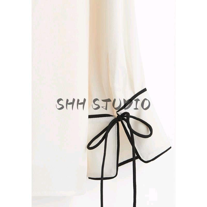 25 Spring New Women's Clothing Lapel Long Sleeves Single Row Multi-Buckle Contrast Color Loose Crepe Woven Shirt 1262581