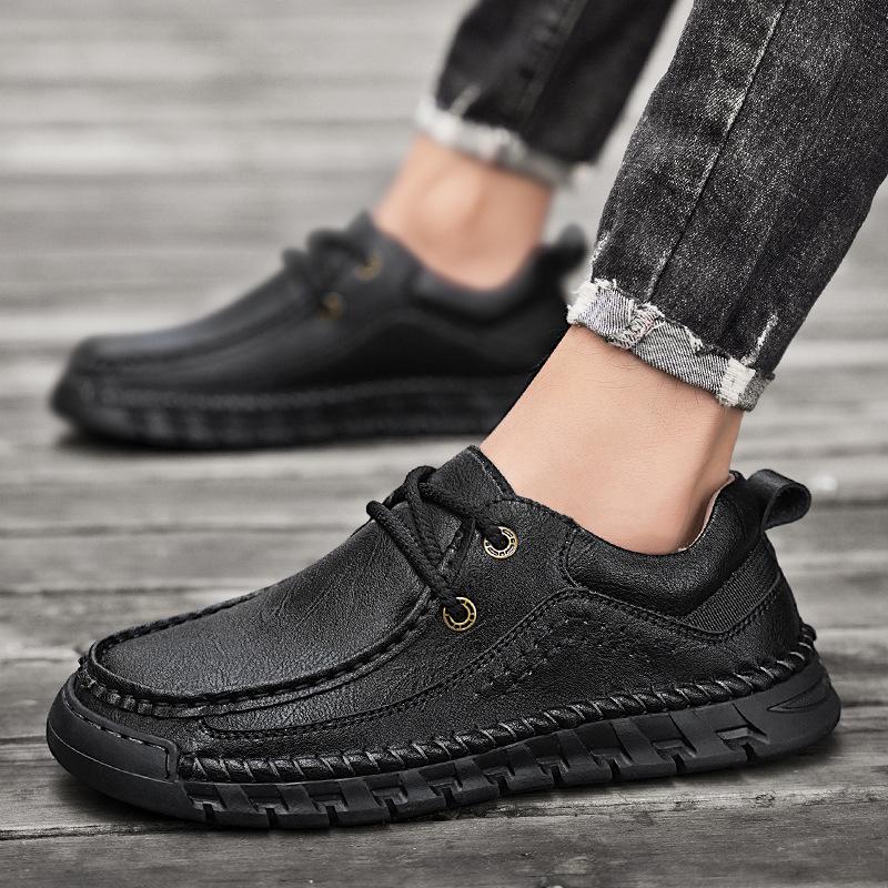 Men's Autumn Hand-Stitched Leather Driving Shoes - Large Size, Low-Top, Lace-Up, Flat Sole