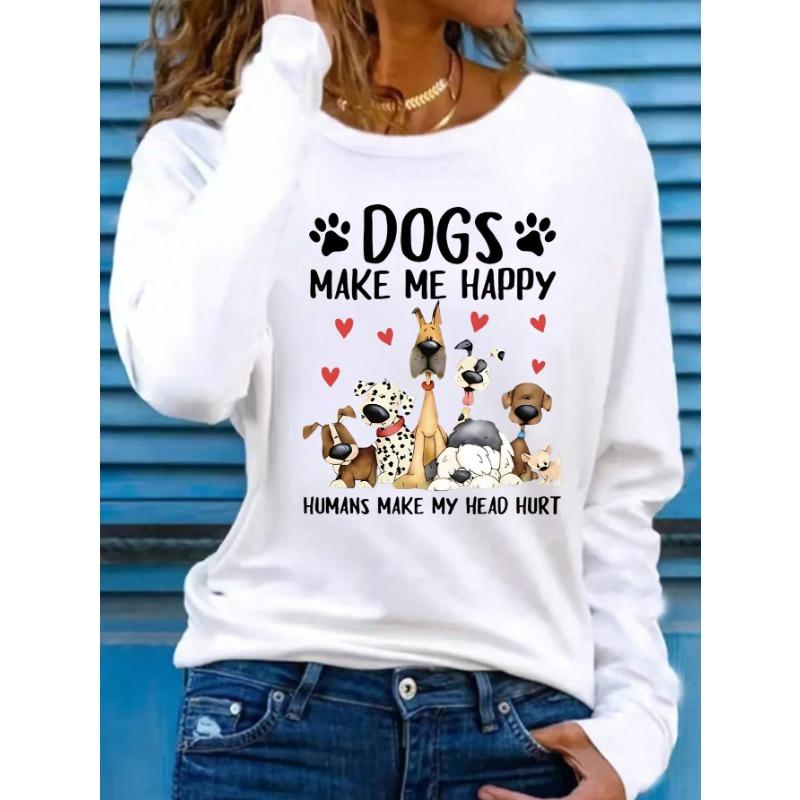 2026 Damen Frühling und Sommer Lässiges Slogan Hundedruck Rundhals Einfarbige Langarm Pullover T-Shirt