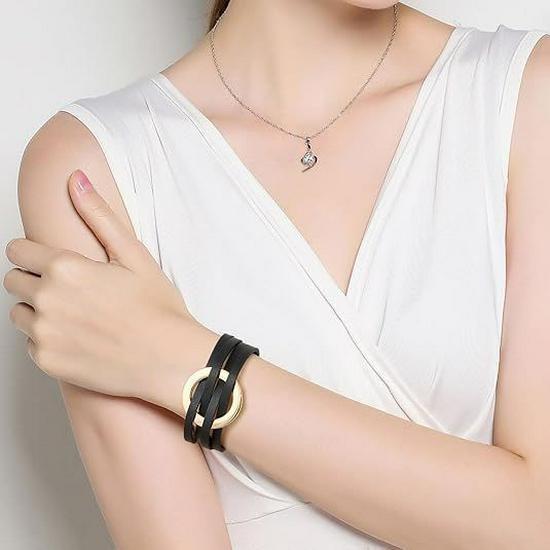 European & American Style Women's Multi-layer Cross Leather Bracelet with Large Metal Cuff Circle.