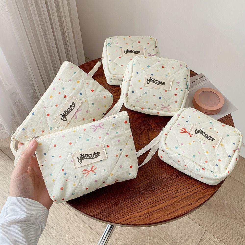 Bowknot Sanitary Napkins Storage Bag Colorful Dots Large Capacity Cosmetic Bag Data Cables Organizer for Women Girls