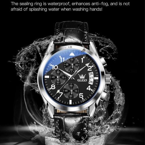 OLEVS Men's Stylish Black Watch, Simple Design, Waterproof, Business Watch with Date Display, Leather Quartz Movement, Analog Chronograph Watch, Popul