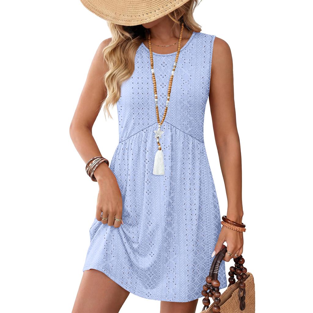 Dresses For Women Summer Casual Crewneck Short Dress Spring Sleeveless Sundress With Pockets