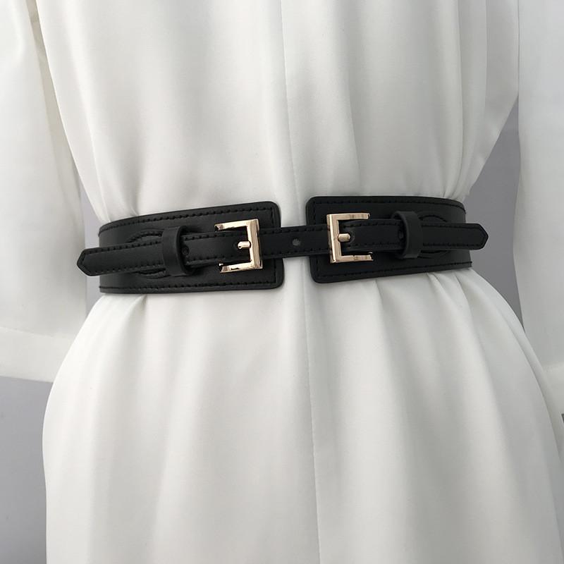 Stylish Women's Elastic Waist Belt With Double Buckles For Dresses And Coats In Black And Camel