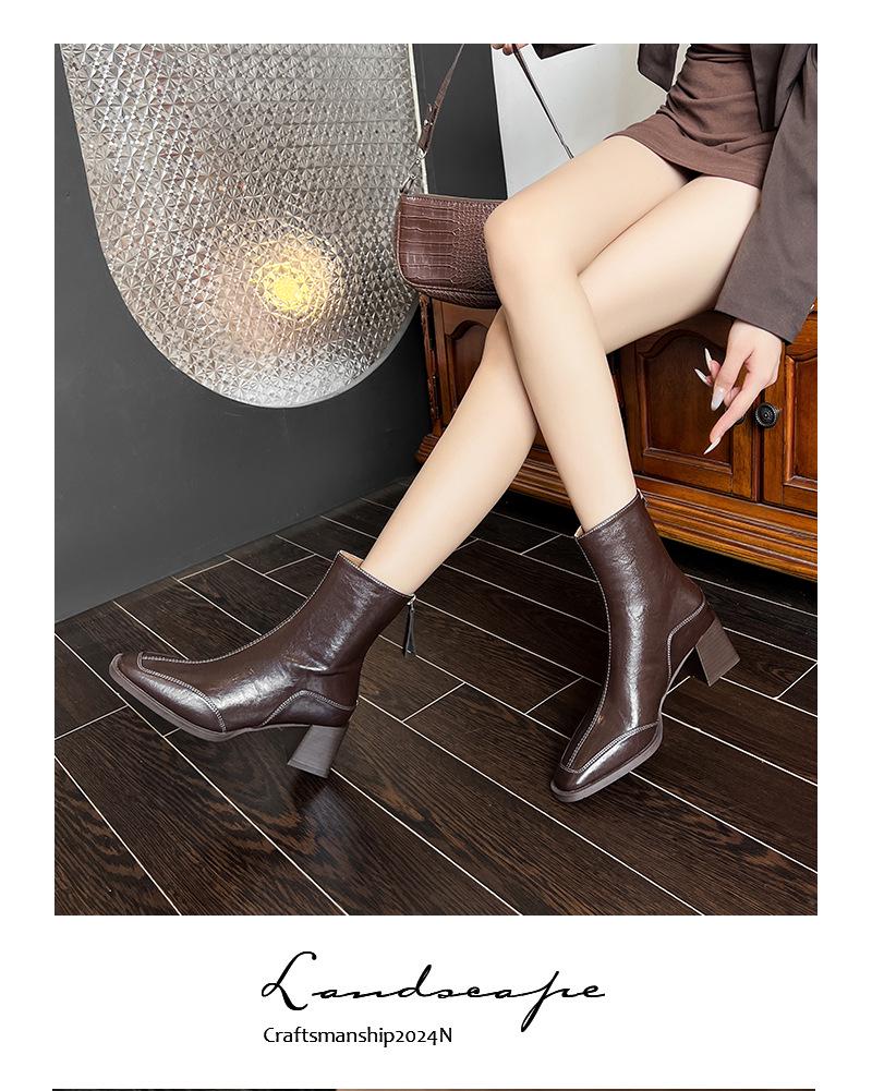 Retro Square Toe High Heel Ankle Boots for Women - Autumn/Winter Chunky Martin Boots In British Style, Red/Brown, 6CM Heel.
