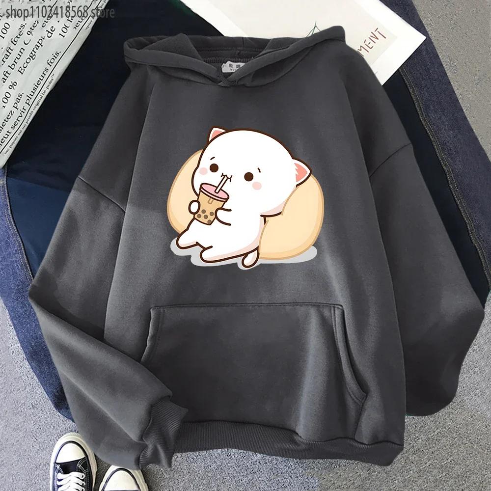 Mikiny Bubble Tea Broskvová Kočka Kawaii Potisk Mikina Ženy Harajuku Streetwear Kreslený Vzor O-Výstřih Top Oblečení