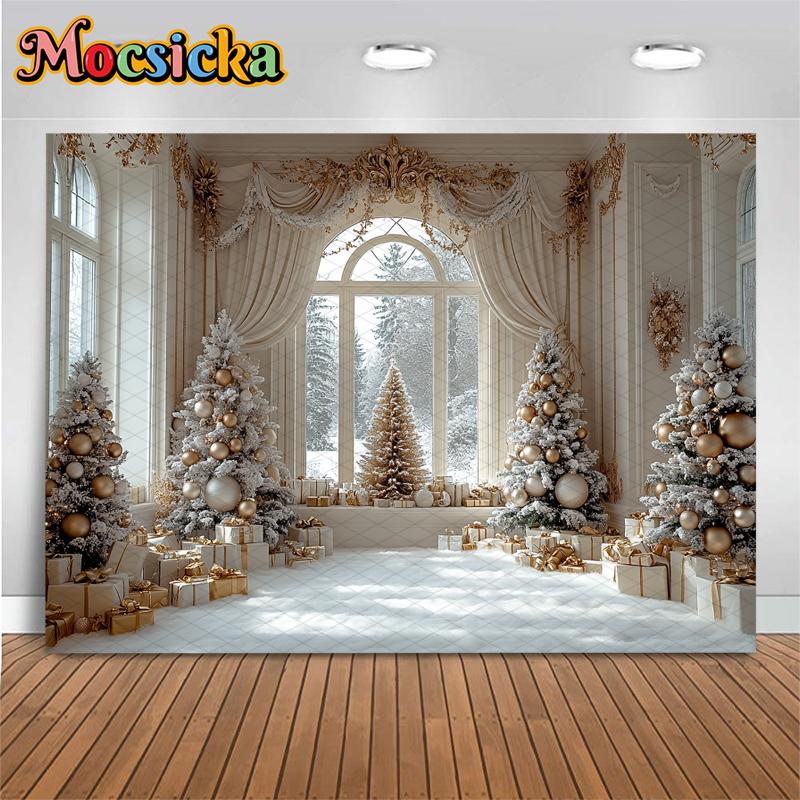 Mocsicka Christmas Background Photography Xmas Tree Winter Snow Home Window Gifts Decoration Baby Shooting Backdrop Photo Studio