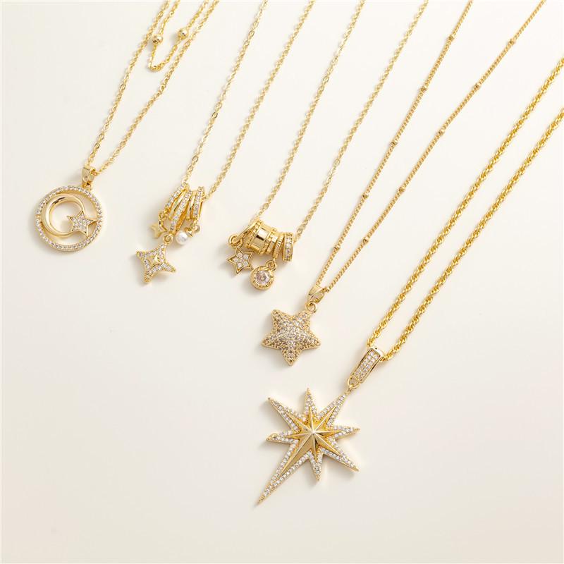 18K Gold Copper Necklace with Zircon & Diamond Eight-Pointed Star Pendant - Light Luxury Clavicle Chain