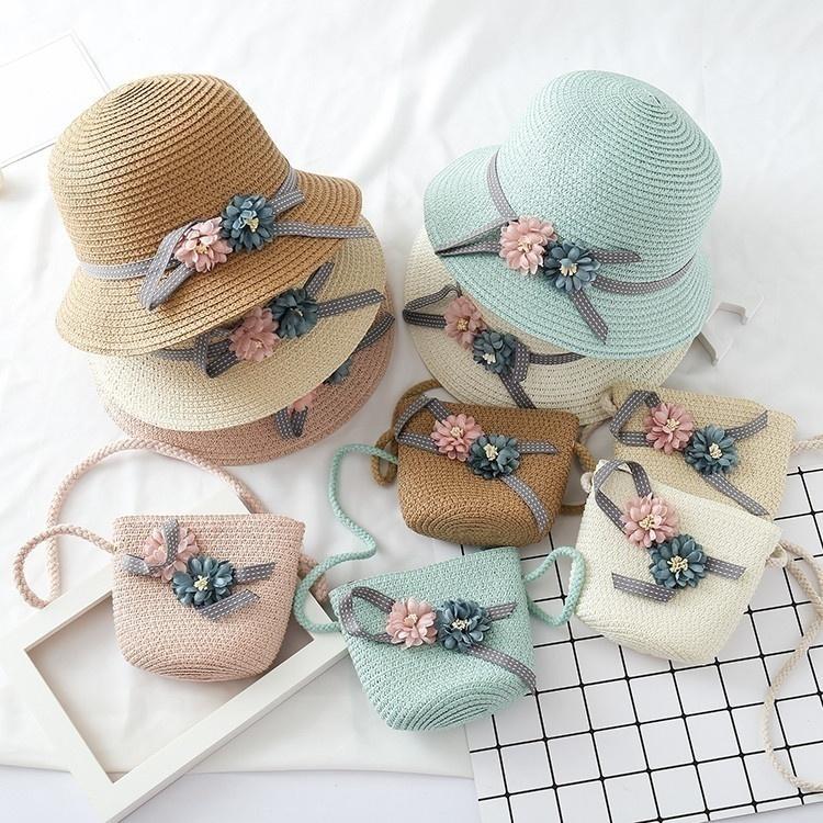 Cute Bowknot Flower Kids Straw Hat + Straw Crossbody Bag Set Baby Outdoor Sun Hat Summer Beach Straw Cap Straw Rattan Bag