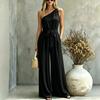 [Factory direct sales] New European and American cross-border women's clothing sexy slanted shoulder high waist drape and thin holiday jumpsuit