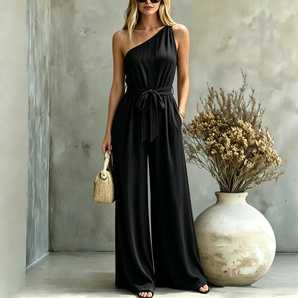 [Factory direct sales] New European and American cross-border women's clothing sexy slanted shoulder high waist drape and thin holiday jumpsuit