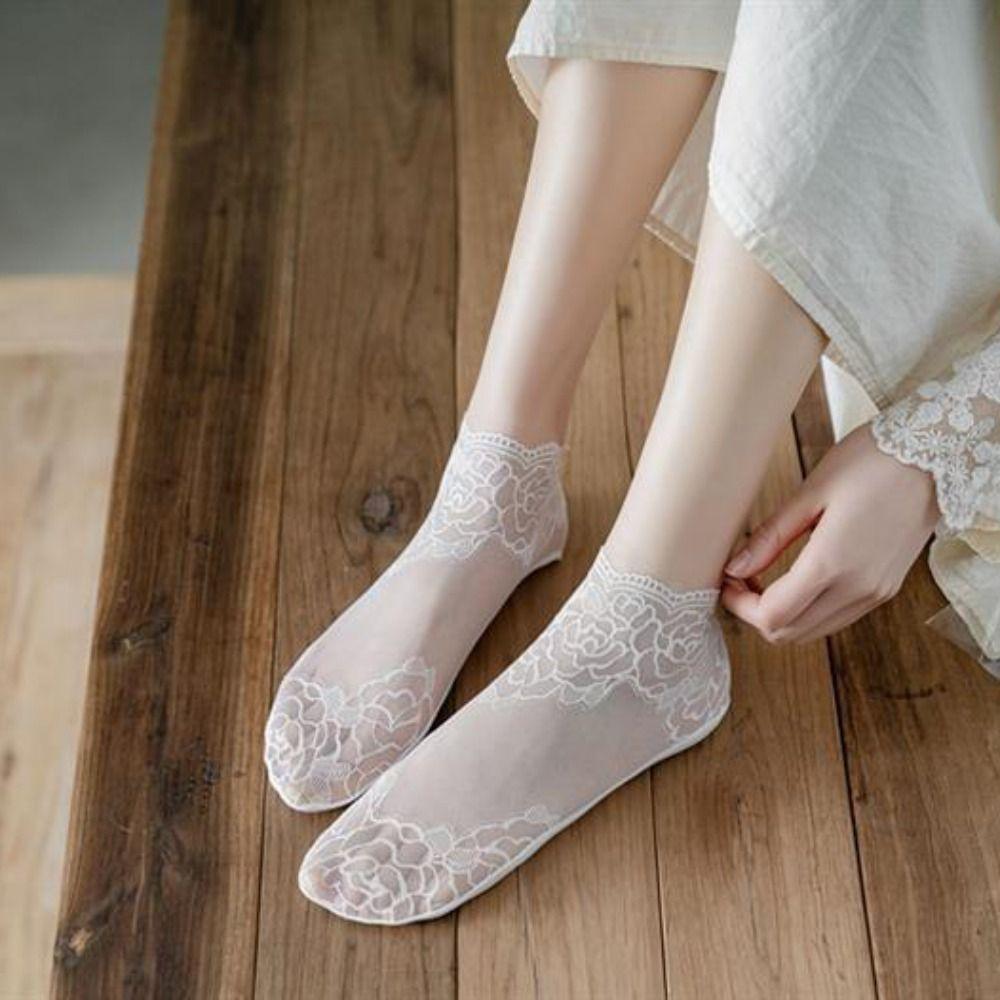 5Pairs Flower Transparent Tulle Socks Thin Tube Socks Women Fashion Mesh Lace Socks  Summer