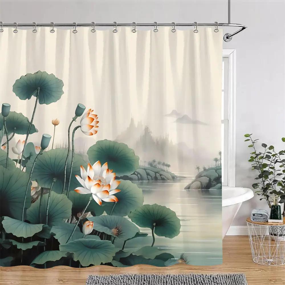Lotus Flowers Shower Curtain Green Leaves Plant White Floral Chinese Style Home Wall Hanging Bathroom Curtains Decor with Hooks