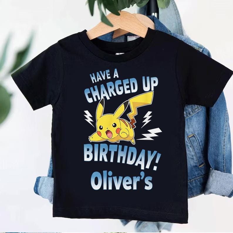 Custom Pikachu Charged Up Birthday Shirt, Personalized Oliver Birthday Boy Tee, Kids Lightning Neon Birthday Outfit,Pokemon Pikachu Clothing 110