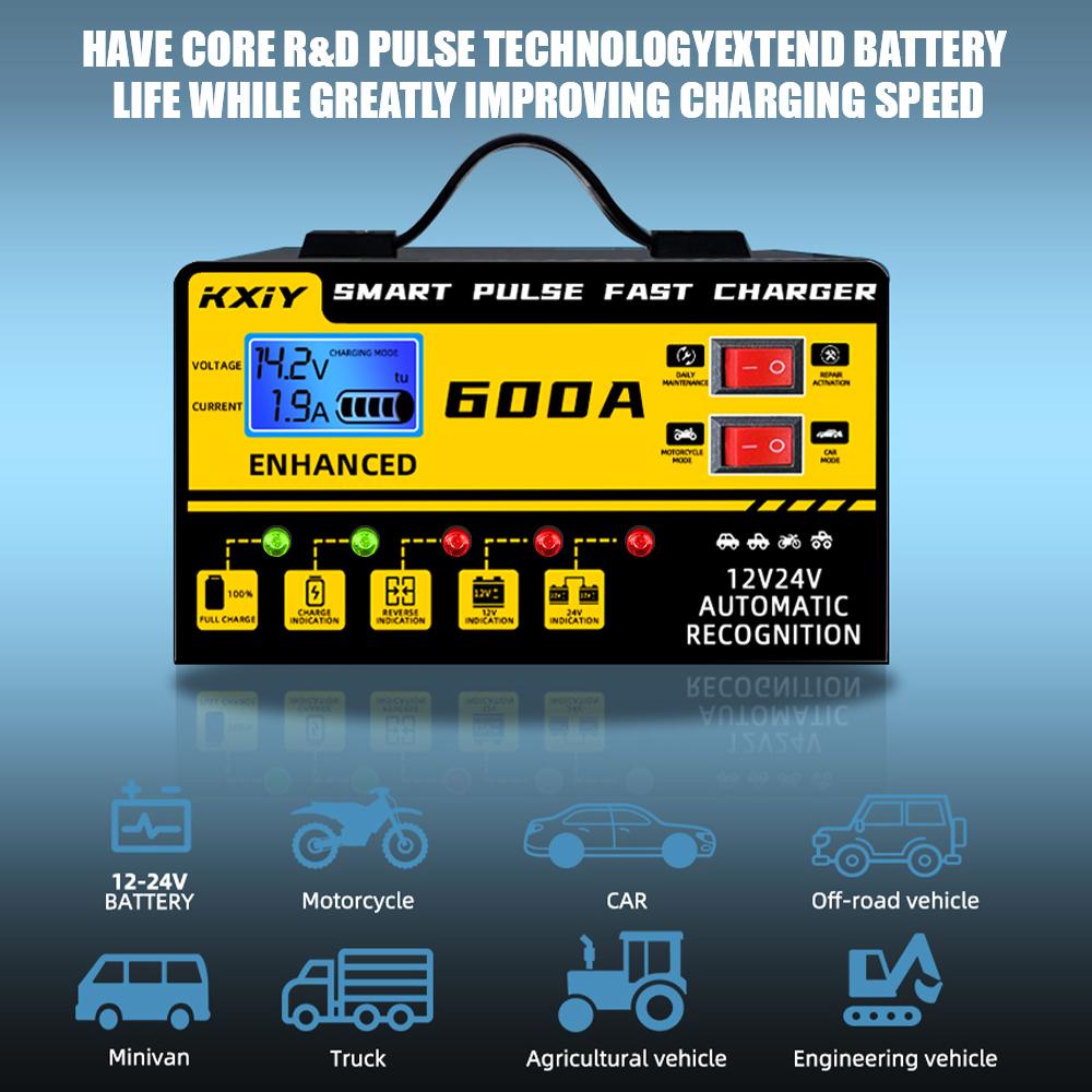 Voltage Temperature Detection Automatic Stop 12V 24V 600A EU/US Plug Intelligent Pulse Repair Car Battery Charger Digital LCD Display