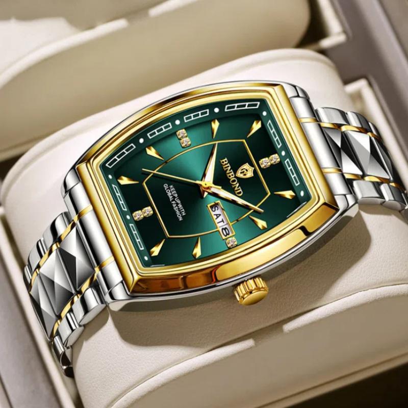 BINBOND Men's Watch Authentic Light Luxury Wine Barrel Steel Belt Waterproof Night Light Calendar Men's Student Quartz Watch