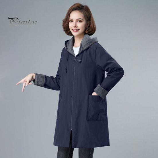 Long Length Jacket Spring Fall Women Hooded Sleeves Drawstring Plus Size Pockets Zipper Lady Closure Coat Windbreaker Mid Solid Color Big Windproof