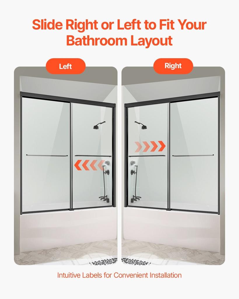 Bathtub Shower Door 50-60 in. W x 60 in. H Semi-Frameless Bypass Tub Door