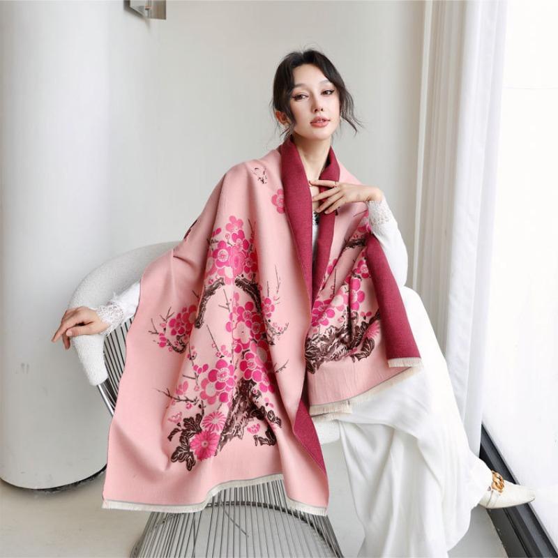 Winter thick shawl with women's plum blossom imitation cashmere double-sided jacquard scarf, fringed thickened warm scarf