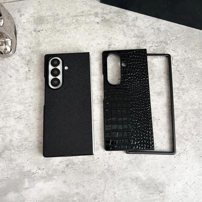Classic Leather Pattern Phone Case For Samsung Galaxy Z Fold 7 Fold3 4 5 6 ZFlip 7 Black Hard PC Bumper Protective Cover Shell