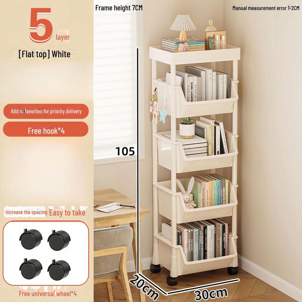 Children's Multi-Layer Narrow Bookshelf with Wheels